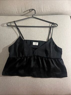 Aritzia Wilfred Black Satin Spaghetti Strap Peplum Tank Top